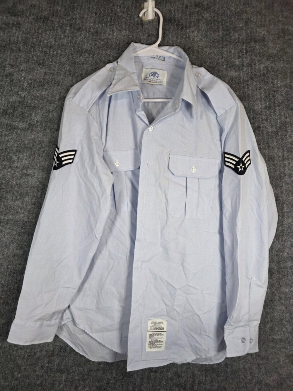 DSCP Dress Shirt Mens 17.5 X 35 Blue 1550 Long Sleeve Air Force Uniform Stain